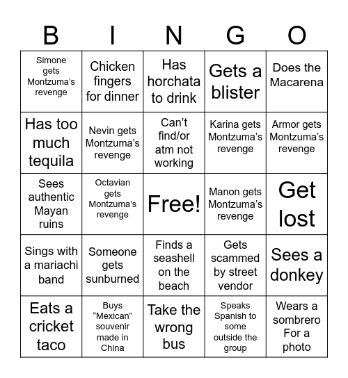 Mexican Vacation Bingo Card