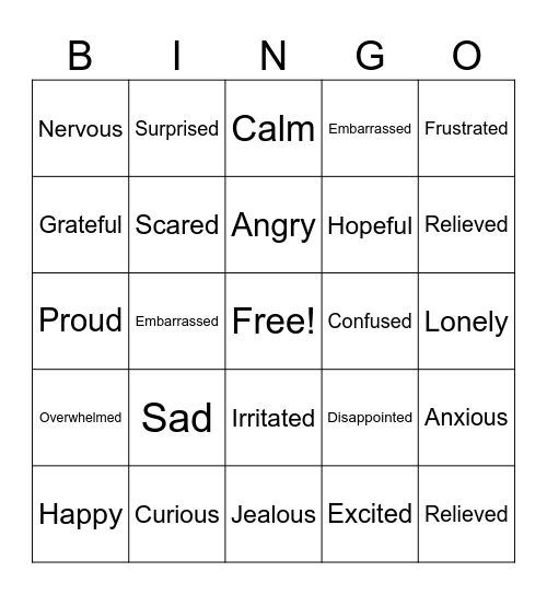 Feelings and Emotions Bingo Card