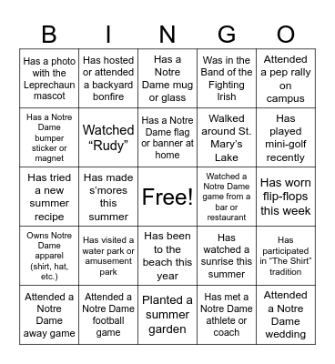 Notre Dame / Summer BINGO Card