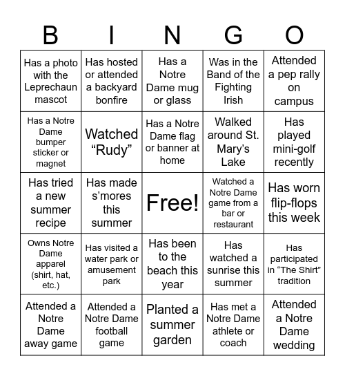 Notre Dame / Summer BINGO Card