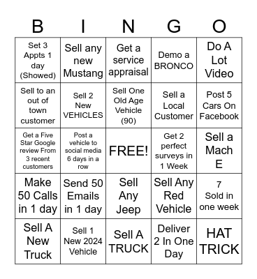 CAR SALES BINGO Card