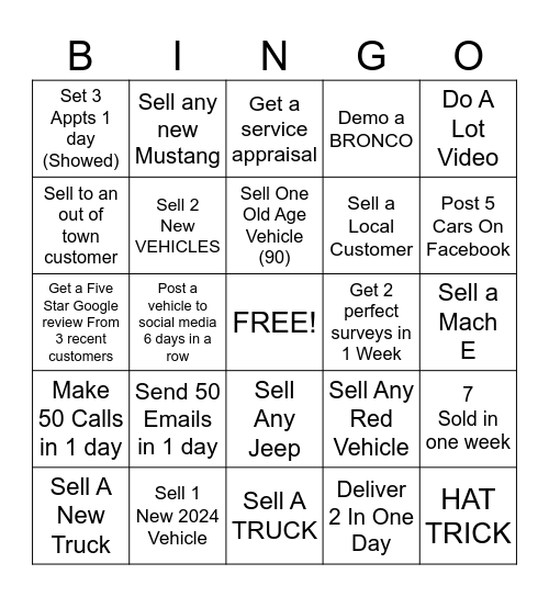 CAR SALES BINGO Card