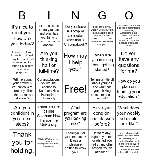 Discovery Call Quality Standard BINGO Card