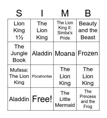 SIMBA AND FRIENDS Bingo Card