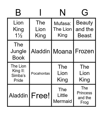 SIMBA & FRIENDS Bingo Card