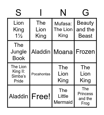 SIMBA &amp; FRIENDS Bingo Card