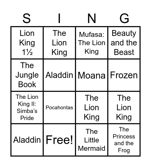 SIMBA & FRIENDS Bingo Card