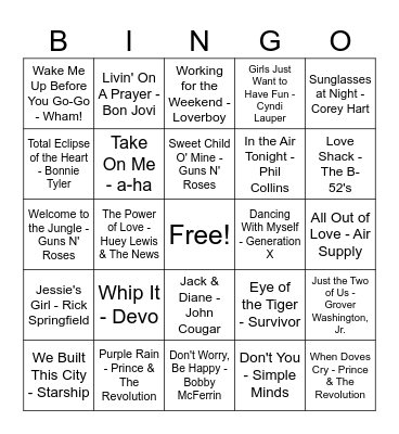 80's Bingo Card