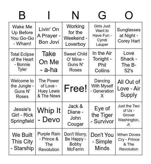 80's Bingo Card
