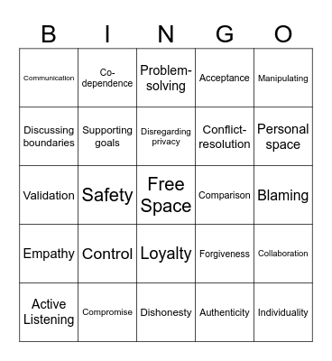 Relationships Bingo Card