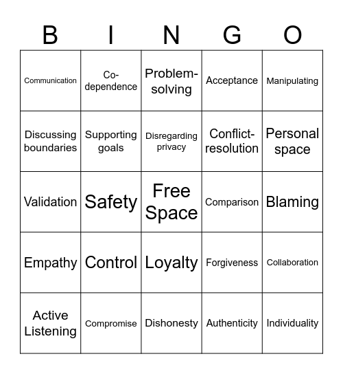 Relationships Bingo Card