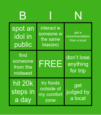 Korea Trip Bingo Card