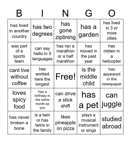 Find The Coworker Bingo Card