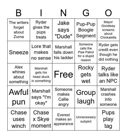 Paw Patrol Bingo Card