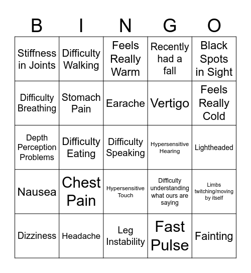 Symptoms Bingo Card
