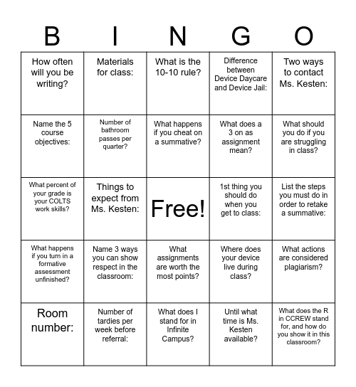 Ms. Kesten's Class--Syllabus Bingo Card