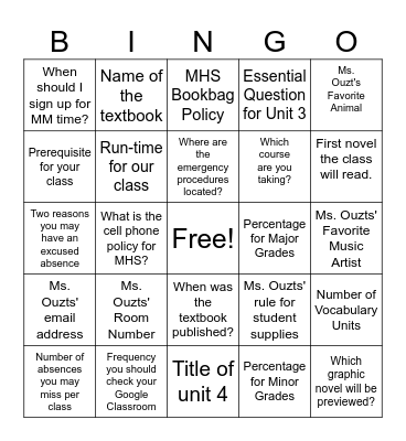 Ms. Ouzts's Classroom Bingo Card