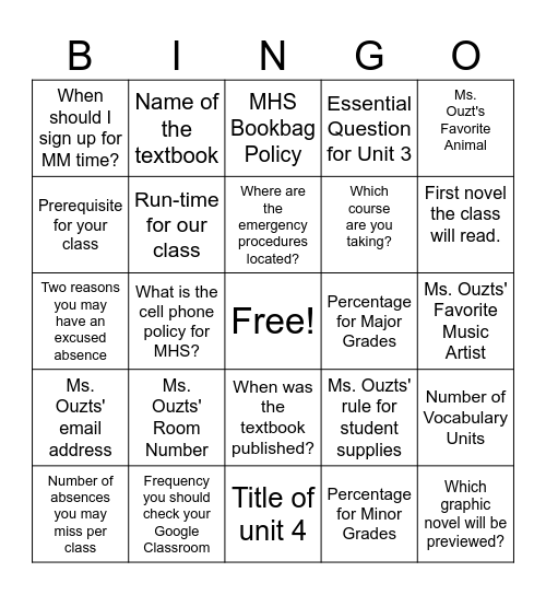 Ms. Ouzts's Classroom Bingo Card