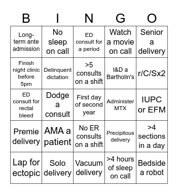 Second Year Bingo Card