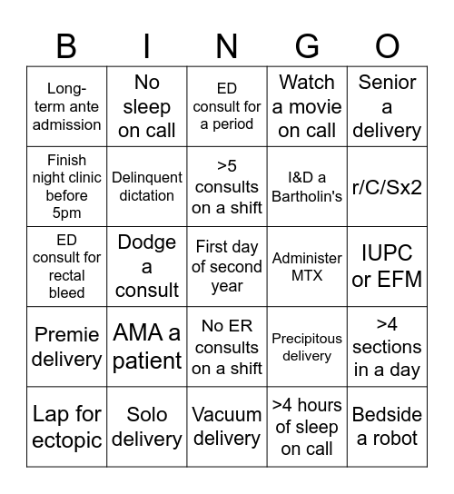 Second Year Bingo Card