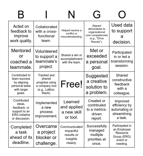 Accomplishment Bingo Card