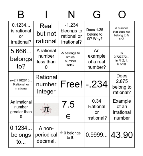 Number Sets Bingo Card