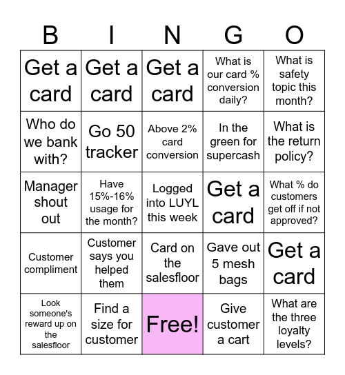 Old Navy Bingo Card