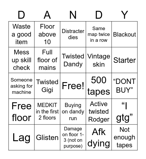Dandy’s world bingo Card
