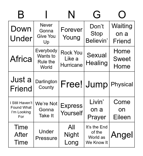 80s Music Bingo Card