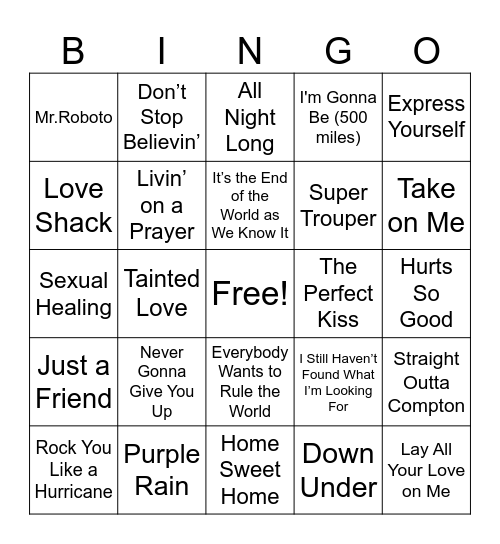 80s Music Bingo Card