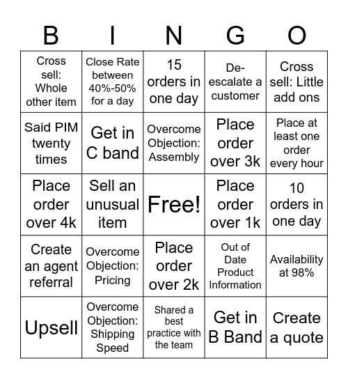 Sales Team Bingo Card