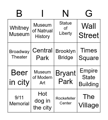 New York City Bingo Card