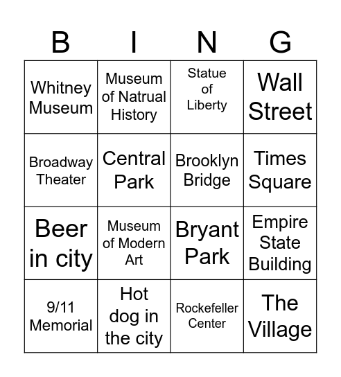 New York City Bingo Card