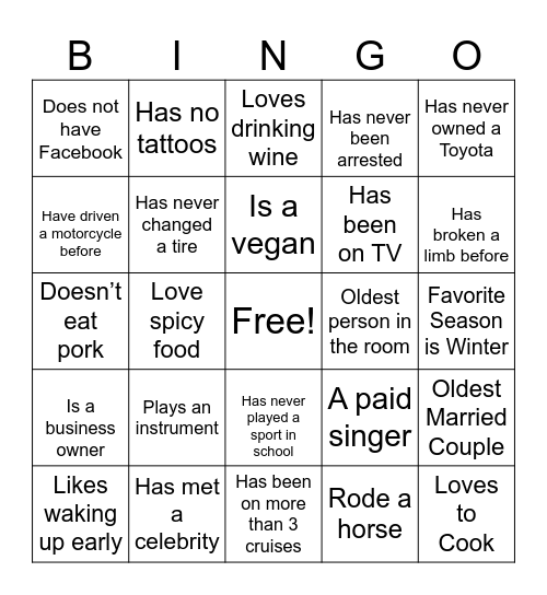 Find The Guest Bingo Card