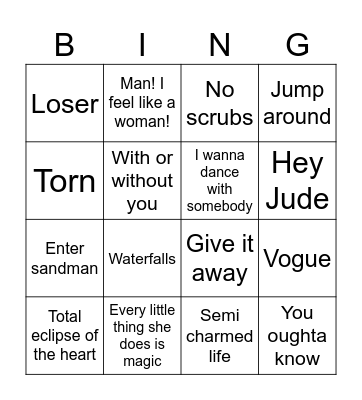 Throwback Anthems Bingo Card