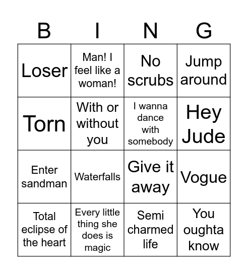 Throwback Anthems Bingo Card