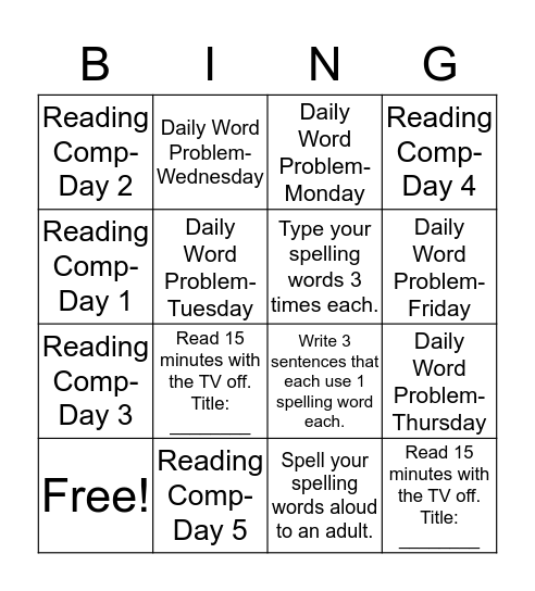 Homework Bingo- Group 1 (11/7) Bingo Card