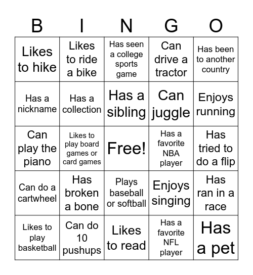 PE Bingo Card