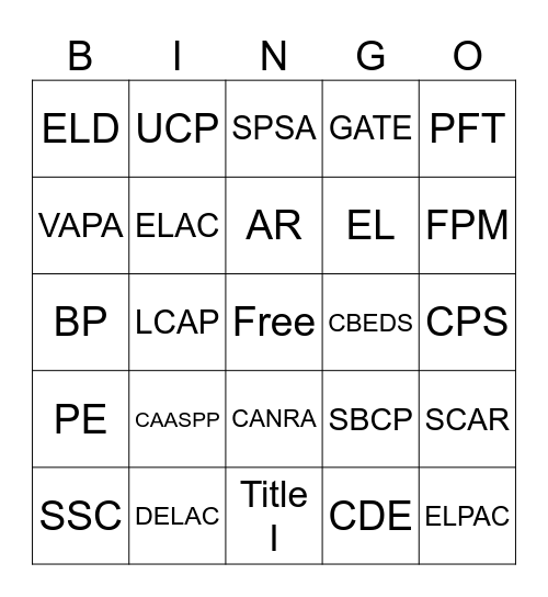 State and Federal Programs Acronym Bingo Card