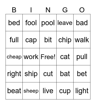 Minimal Pairs Bingo Cards Bingo Card