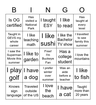 Welcome Back 25-26 Bingo Card