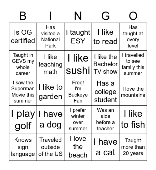Welcome Back 25-26 Bingo Card
