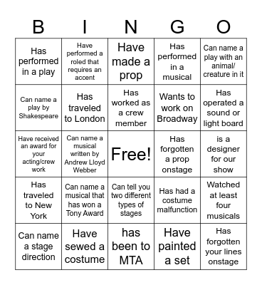 Get to know you BINGO (Theatre style) Bingo Card