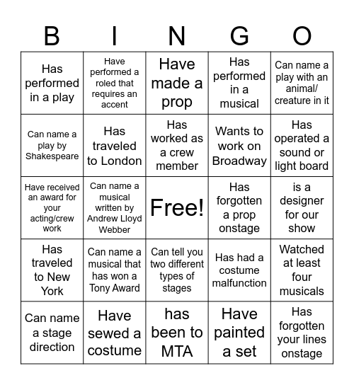 Get to know you BINGO (Theatre style) Bingo Card