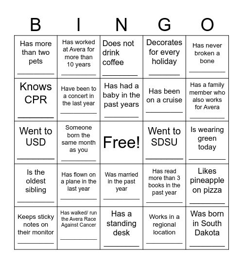 Avera Team B.I.N.G.O Bingo Card