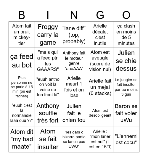 Bingo de la game (botlane Atom / Antho) Bingo Card