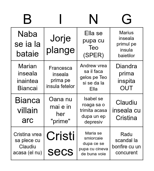 Insula iubirii bingo Card