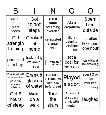 Healthy Habits BINGO Card