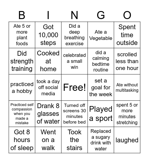 Healthy Habits BINGO Card