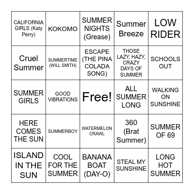 SUMMER SONG BINGO Card